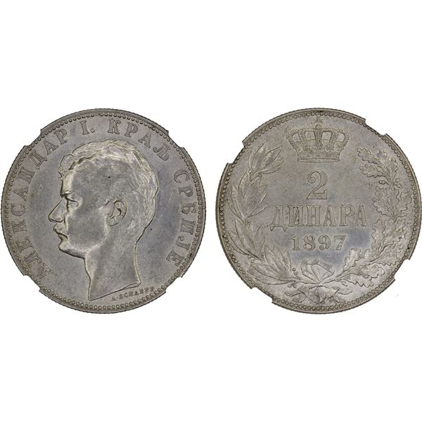 SERBIA: Alexander I, 1889-1903, AR 2 dinara, 1897, NGC MS63
