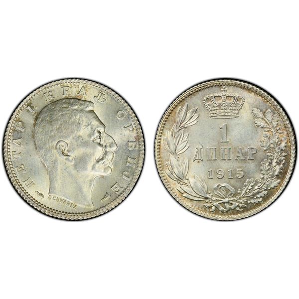 SERBIA: Peter I, 1903-1921, AR dinar, 1915, PCGS MS64