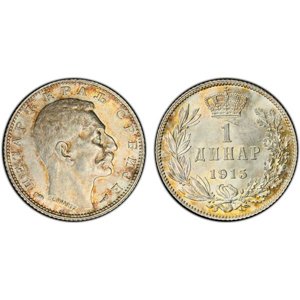 SERBIA: Peter I, 1903-1921, AR dinar, 1915, PCGS MS63
