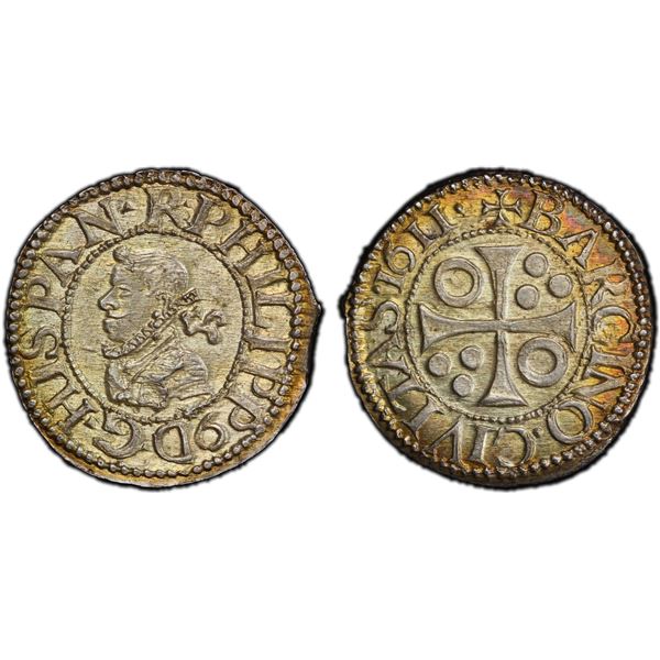 SPAIN: BARCELONA: Philip II, 1598-1621, AR 1/2 real, 1611, PCGS MS66