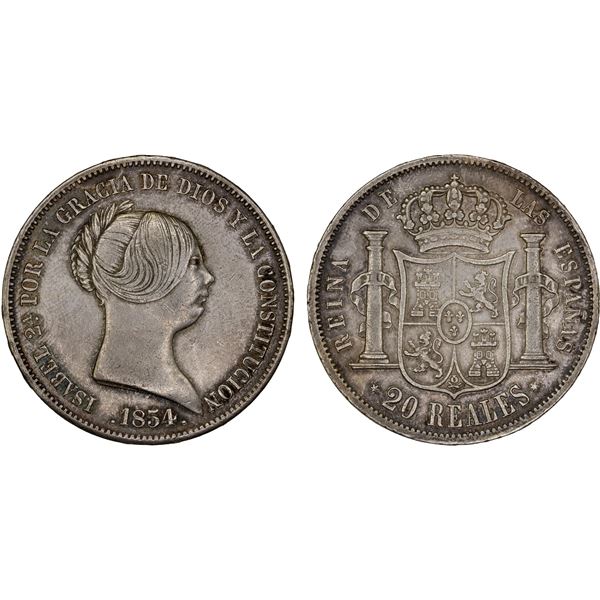 SPAIN: Isabel II, 1833-1868, AR 20 reales, 1854, Choice VF