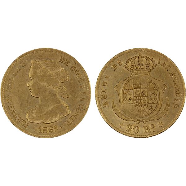 SPAIN: Isabel II, 1833-1868, AV 20 escudos, 1861, AU