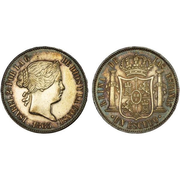 SPAIN: Isabel II, 1833-1868, AR escudo, 1865, AU