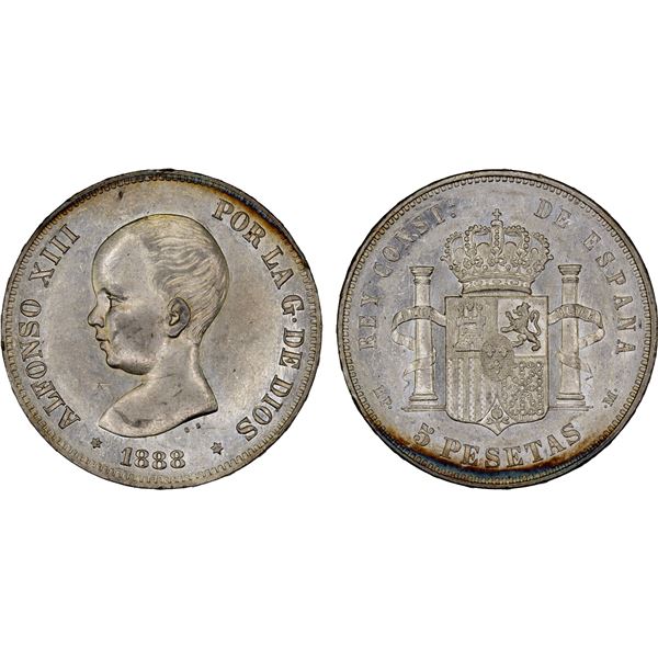 SPAIN: Alfonso XIII, 1886-1831, AR 5 pesetas, 1888(88), XF