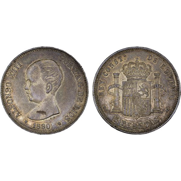 SPAIN: Alfonso XIII, 1886-1931, AR 5 pesetas, 1890(90), XF