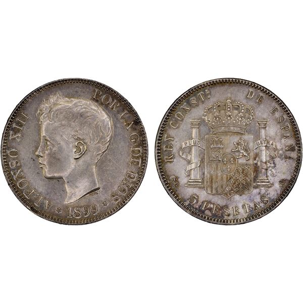 SPAIN: Alfonso XIII, 1886-1931, AR 5 pesetas, 1899 (99), AU