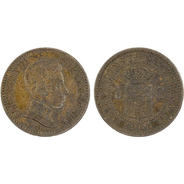 SPAIN: Alfonso XIII, 1886-1931, AE centimo, 1906(6), F-VF