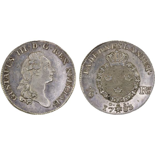 SWEDEN: Gustav III, 1771-1792, 1/6 riksdaler, 1783, Unc