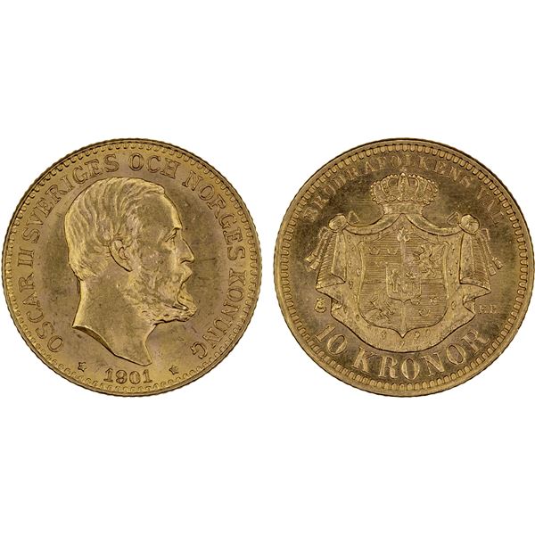 SWEDEN: Oscar II, 1872-1907, AV 10 kronor, 1901, Unc
