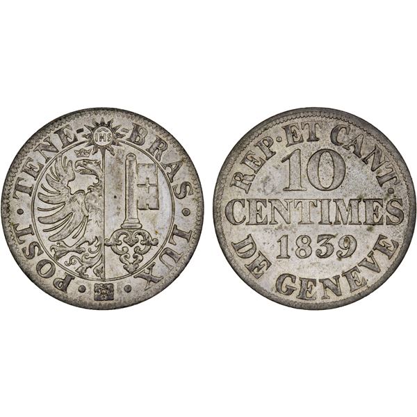 SWITZERLAND: GENEVA: Canton, AR 10 centimes, 1839, Unc