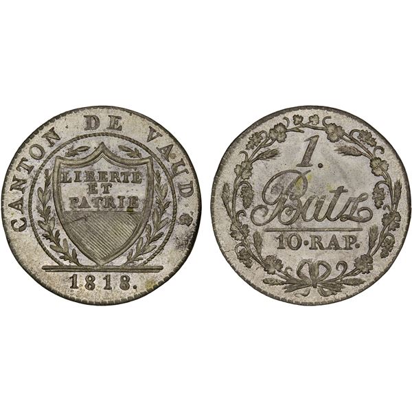 SWITZERLAND: VAUD: Canton, AR batzen / 10 rappen, 1818, Unc