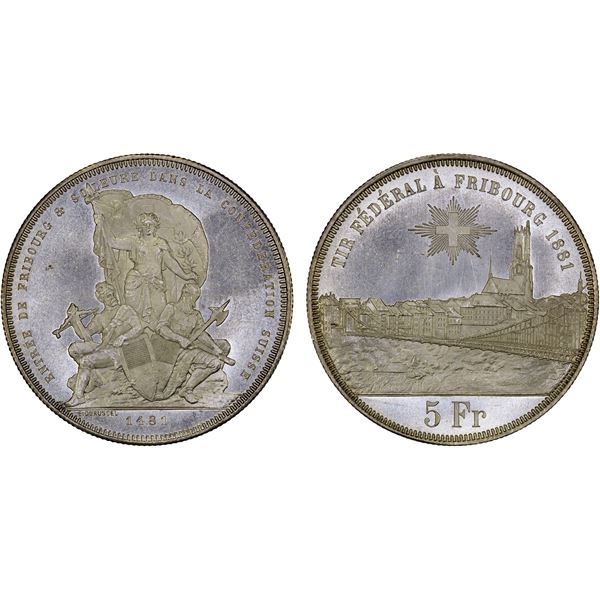 SWITZERLAND: Confederation, AR 5 francs, 1881, Unc
