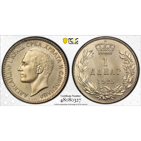 YUGOSLAVIA: Alexander I, 1921-1934, 1 dinar, Brussels Mint, 1925, PCGS MS66