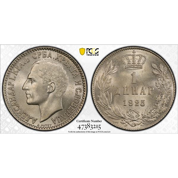 YUGOSLAVIA: Alexander I, 1921-1934, 1 dinar, Poissy Mint, 1925, PCGS MS66