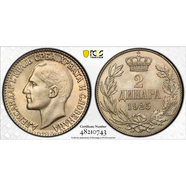 YUGOSLAVIA: Alexander I, 1921-1934, 2 dinara, Poissy, 1925, PCGS MS66