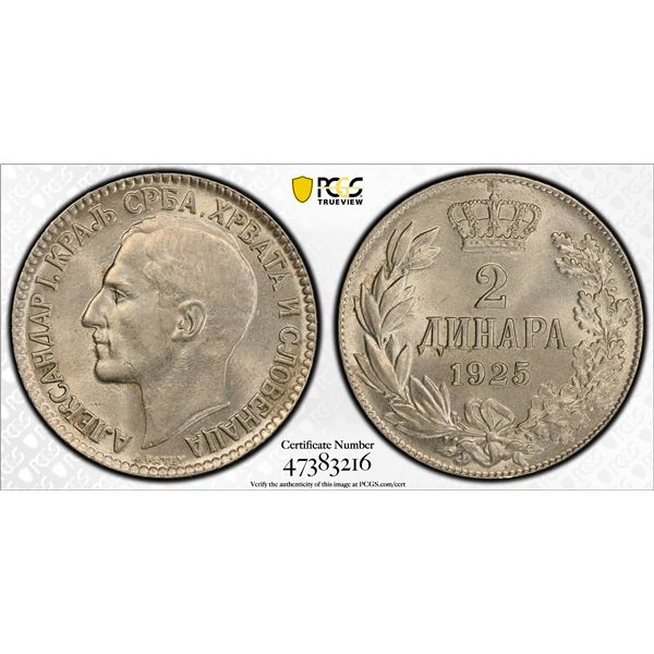 YUGOSLAVIA: Alexander I, 1921-1934, 2 dinara, Brussels Mint, 1925, PCGS MS63