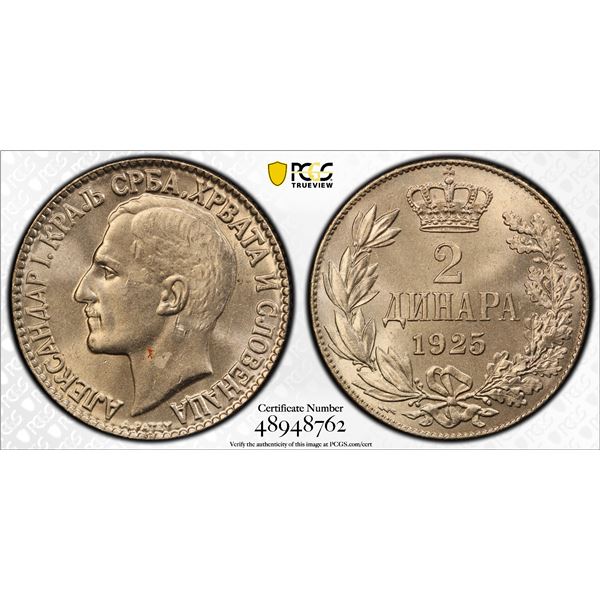 YUGOSLAVIA: Alexander I, 1921-1934, 2 dinara, Poissy, 1925, PCGS MS63