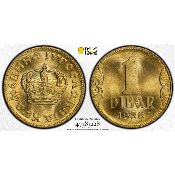 YUGOSLAVIA: Peter II, 1934-1945, 1 dinar, 1938, PCGS MS66
