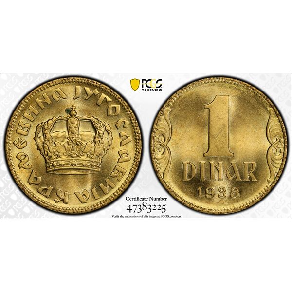 YUGOSLAVIA: Peter II, 1934-1945, 1 dinar, 1938, PCGS MS65