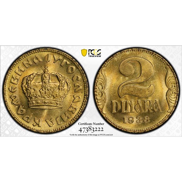YUGOSLAVIA: Peter II, 1934-1945, 2 dinara, 1938, PCGS MS65