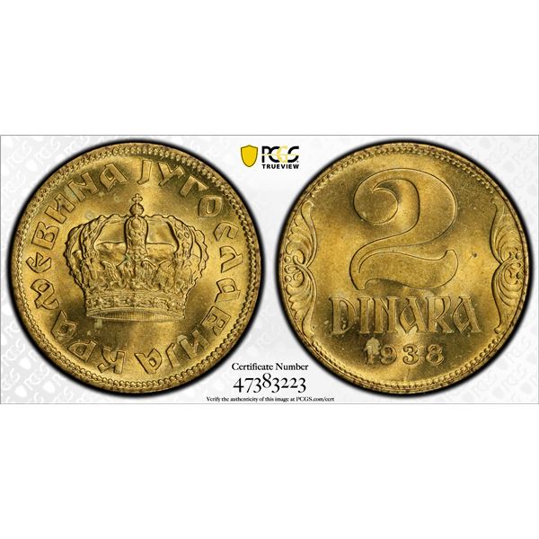 YUGOSLAVIA: Peter II, 1934-1945, 2 dinara, 1938, PCGS MS64
