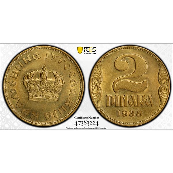 YUGOSLAVIA: Peter II, 1934-1945, 2 dinara, 1938, PCGS MS62