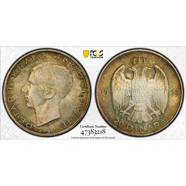 YUGOSLAVIA: Peter II, 1934-1945, AR 20 dinara, 1938, PCGS MS64