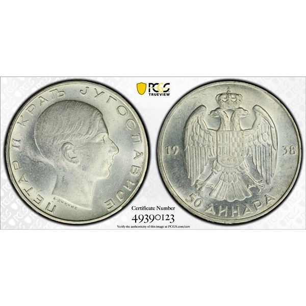 YUGOSLAVIA: Peter II, 1934-1945, AR 50 dinara, 1938, PCGS MS62