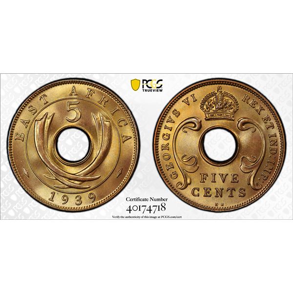 EAST AFRICA & UGANDA: George VI, 1936-1952, AE 5 cents, 1939-KN, PCGS Specimen 67 Red Brown