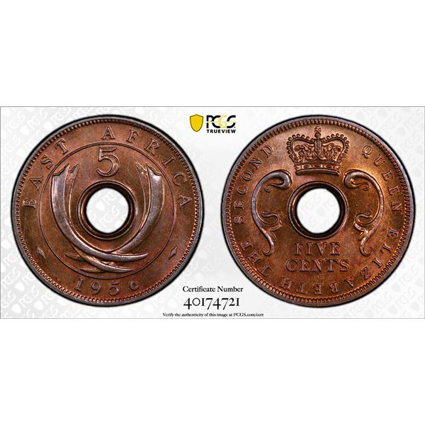 EAST AFRICA & UGANDA: Elizabeth II, 1952-1963, AE 5 cents, 1956-KN, PCGS Specimen 66 Red Brown