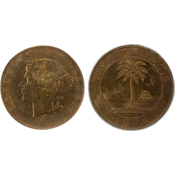 LIBERIA: Republic, AE 2 cents, 1896-H, ICG MS65 RB