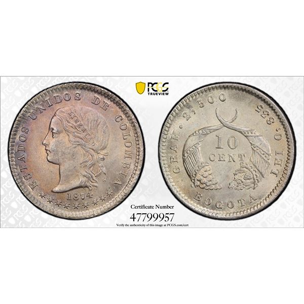COLOMBIA: Republic, AR 10 centavos, 1874, PCGS MS64