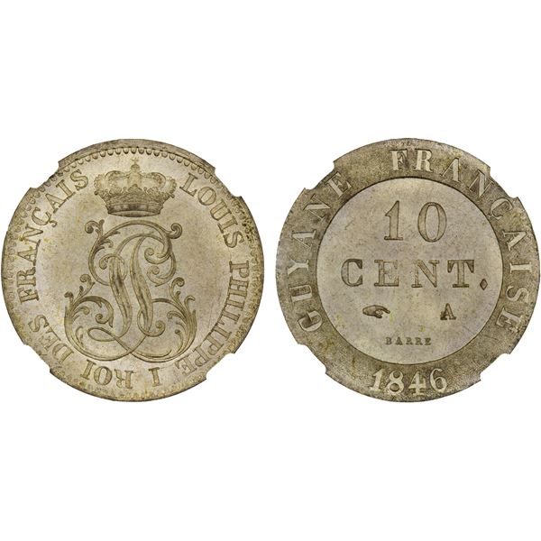 FRENCH GUIANA: Louis Philippe I, 1830-1848, BI 10 centimes, 1846-A, NGC MS65, with golden WINGS stic