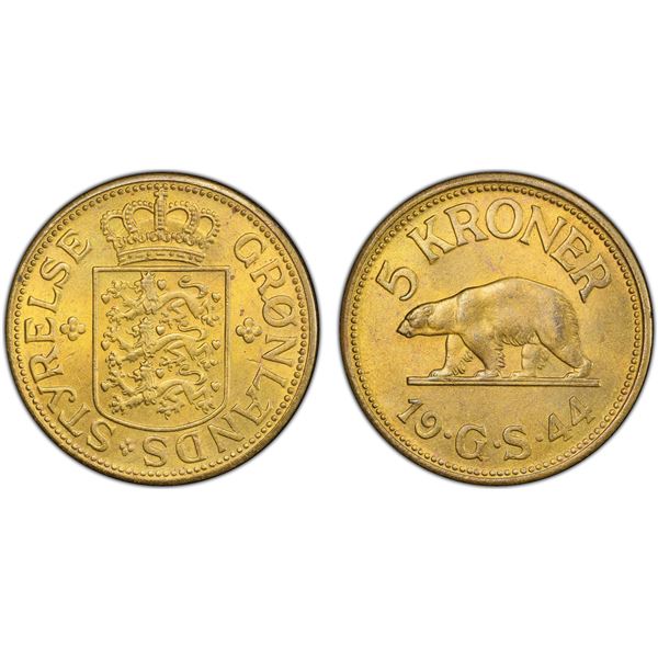 GREENLAND: Christian X, 1912-1947, 5 kroner, 1944, PCGS MS64