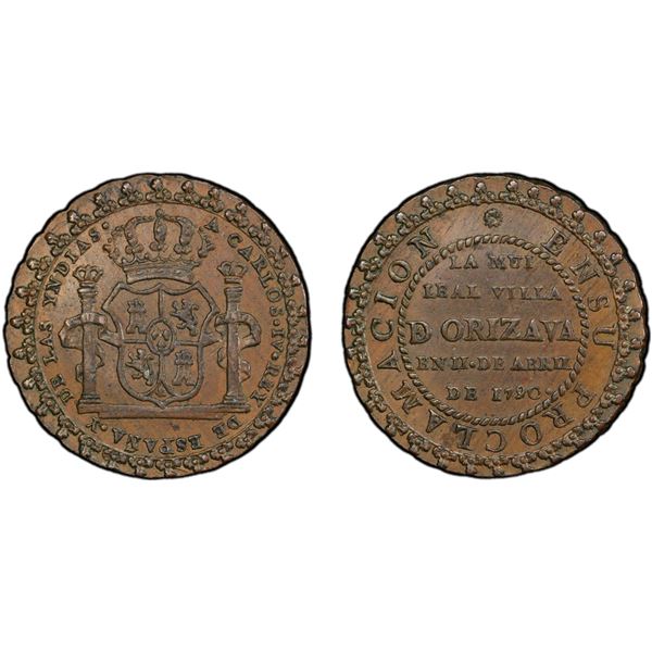 MEXICO: Carlos IV, 1788-1808, AE proclamation medal, 1790, PCGS MS62