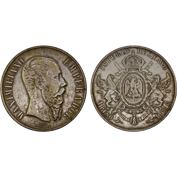 MEXICO: Maximiliano, 1864-1867, AR peso, 1866-Mo, VF