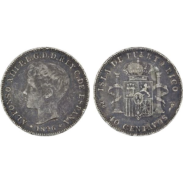 PUERTO RICO: Alfonso XIII, 1886-1931, AR 40 centavos, 1896, VF