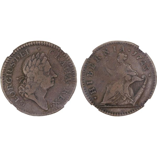 UNITED STATES: Colonial: George I, 1714-1727, AE halfpenny, 1723/2, NGC VF30 BN