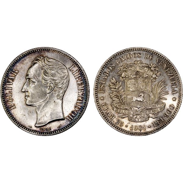 VENEZUELA: Republic, AR 5 bolivares, 1911, AU