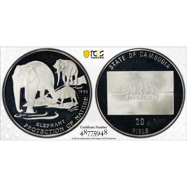 CAMBODIA: Norodom Sihanouk, 2nd reign, 1993-2004, AR 20 riels, 1993, PCGS Proof 67 DCAM