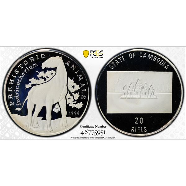 CAMBODIA: Norodom Sihanouk, 2nd reign, 1993-2004, AR 20 riels, 1993, PCGS Proof 69 DCAM