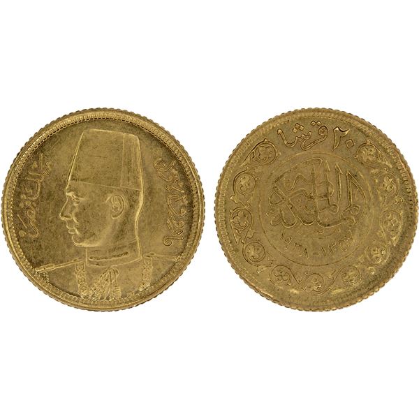 EGYPT: Farouk, 1936-1952, AV 20 piastres, 1938/AH1357, Unc