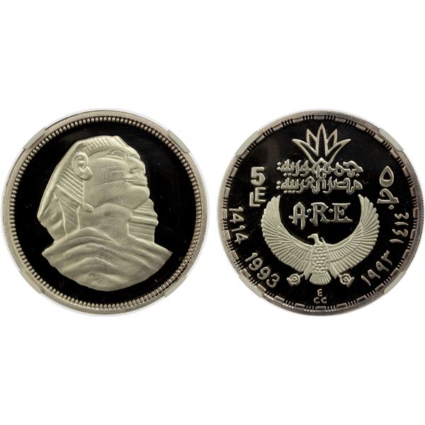 EGYPT: Arab Republic, AR 5 pounds, 1993/AH1414, NGC PF69 Ultra Cameo