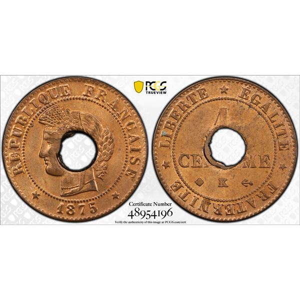 FRENCH COCHINCHINA: French Colony, AE sapèque, 1875-K, PCGS MS65 RD