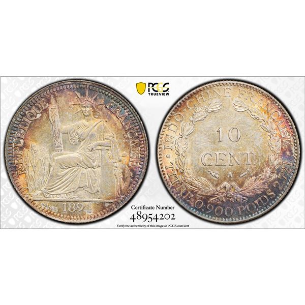 FRENCH INDOCHINA: French Colony, AR 10 centimes, 1894-A, PCGS MS62