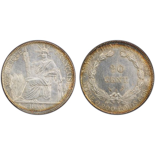 FRENCH INDOCHINA: French Colony, AR 20 centimes, 1896-A, PCGS UNC details