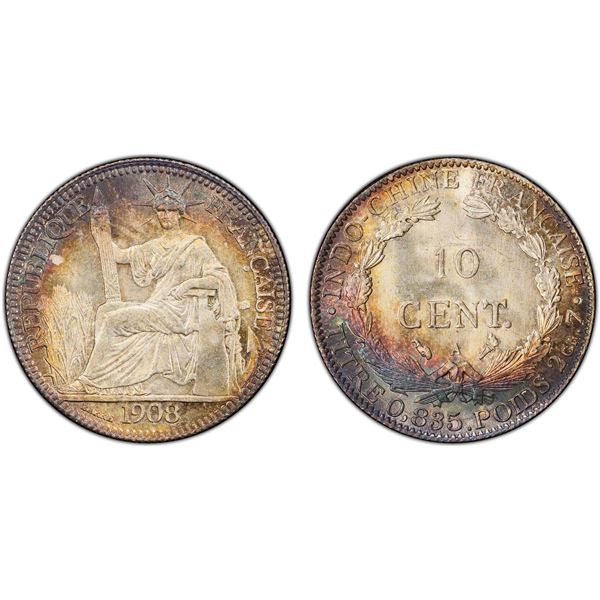 FRENCH INDOCHINA: French Colony, AR 10 centimes, 1908-A, PCGS MS65