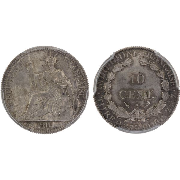 FRENCH INDOCHINA: French Colony, AR 10 cents, 1911-A, PCGS MS63