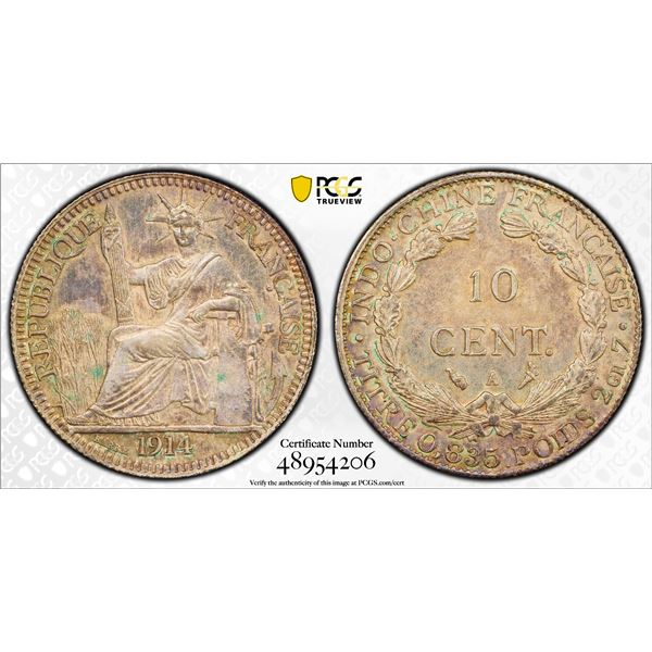 FRENCH INDOCHINA: French Colony, AR 10 centimes, 1914-A, PCGS MS62