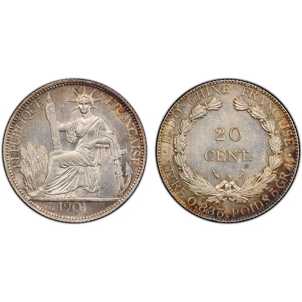 FRENCH INDOCHINA: French Colony, AR 20 centimes, 1901-A, PCGS MS64